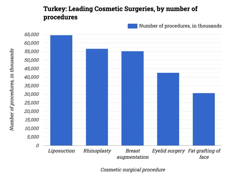 Turkey: Leading Cosmetic Surgeries, by number of procedures